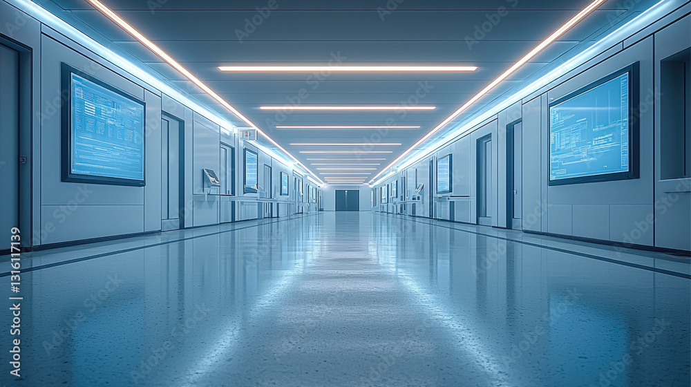 Poster clean and modern factory hallway with bright lighting and digital screens. sleek design creates futu