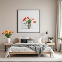 Modern Bedroom Interior with Tulips and Minimalist Decor