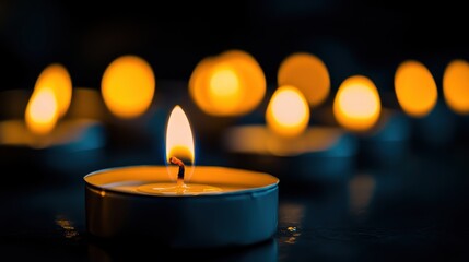 Bright flickering flame of a candle in a dark serene environment