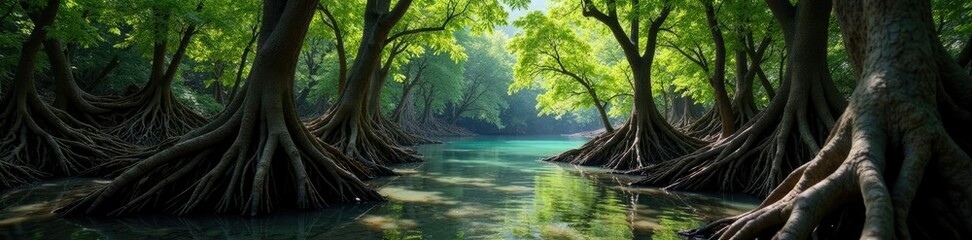 Fototapeta premium Mangrove trees with twisted trunks and gnarled branches, tree trunks,