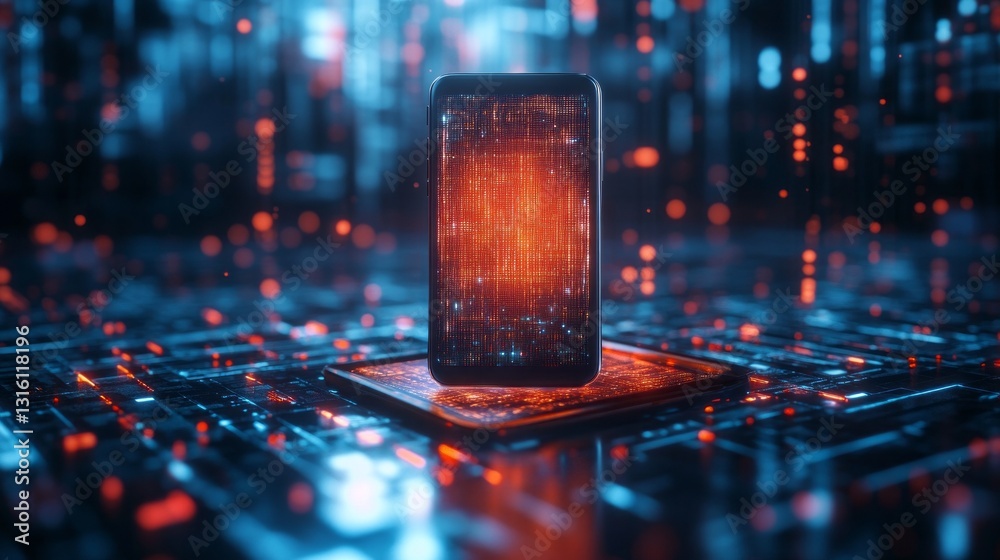 Poster A sleek smartphone stands tall in a digital environment, surrounded by glowing data patterns and vibrant colors. The atmosphere feels electric, hinting at advanced technology and innovation
