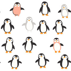 A group of penguins are standing in a row, with some of them being pink