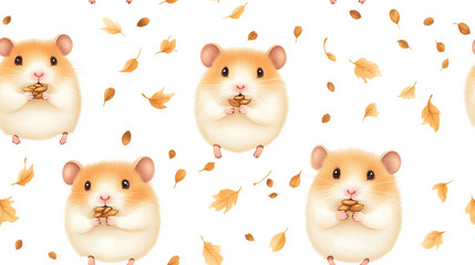 A cartoon hamster is eating a snack while surrounded by autumn leaves