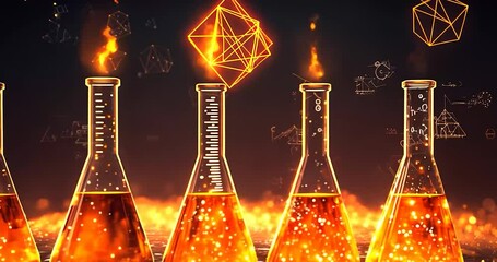Glowing Orange Liquid in Beakers Amidst Flames and Mathematical Formulas - Powered by Adobe