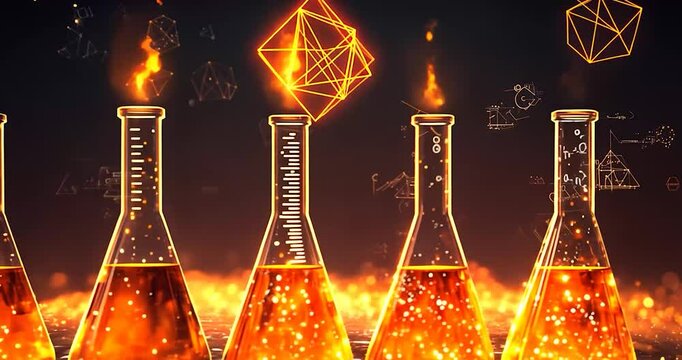 Glowing Orange Liquid in Beakers Amidst Flames and Mathematical Formulas - Powered by Adobe