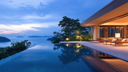 Luxury villa with infinity pool overlooking ocean at sunset.