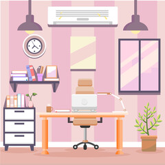 Pink office workstation, laptop, AC, window view