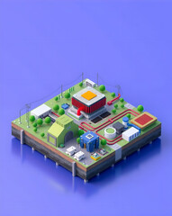 3d isometric AI processor on the ground, isolated on blue background