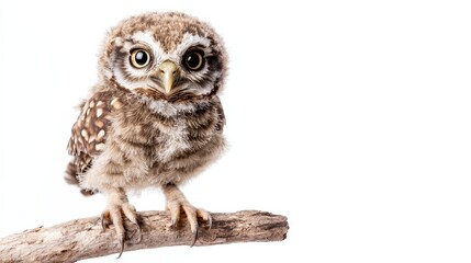 Cute young owl perched on a branch with bright curious eyes