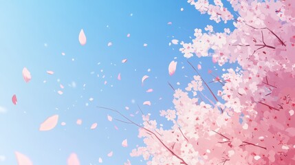 Cherry Blossom Petals Falling Against a Blue Sky Background