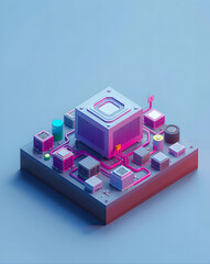 Circuit board concept in isometric 3d style on blue background