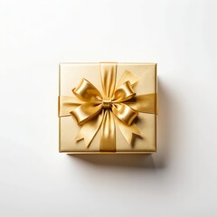 Gold Gift Box with Ribbon Bow on White Background