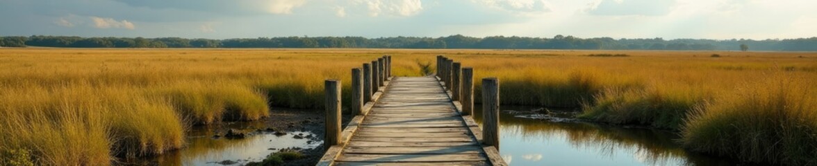 Naklejka premium A weathered wooden bridge spanning across a shallow wetland in the field, rustic, water