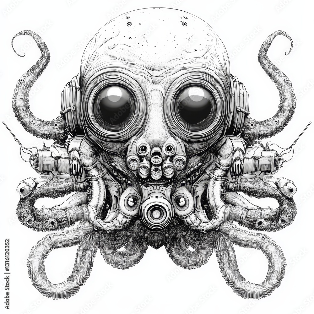 Wall mural the image depicts an extraterrestrial entity characterized by its large eyes, complex textures, and 