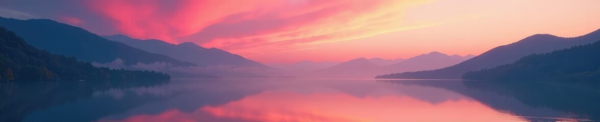 A wispy cloud of pink and orange smoke floats above a serene lake, misty mountains, sunrise sky, dusk atmosphere