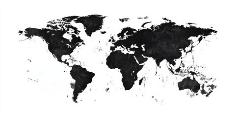 Fototapeta premium A gray watercolor representation of the world map showcases global landmasses and water surfaces set against a white background