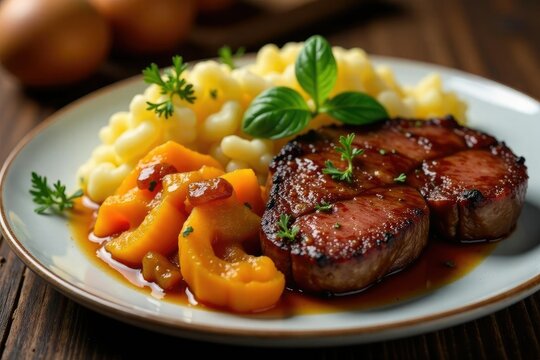 Roasted parmentier made with tender beef, crispy roasted pumpkin, and fluffy boiled potatoes, crispy, roasted, dish