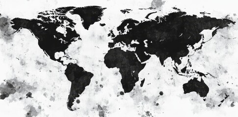 Obraz premium A dark gray watercolor map of the world, featuring all continents, set against a white backdrop, perfect for representing travel and geography ideas