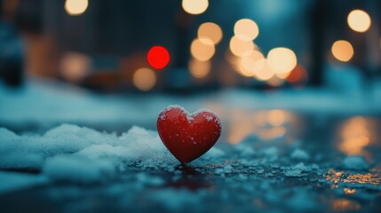 Fototapeta premium Red heart in snow on city street at night.
