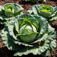 Obraz premium Fresh Green Cabbage Heads Growing in a Field