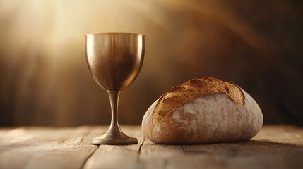 Good friday blessings, Rustic table setting, freshly baked bread alongside a chalice, warm ambient light creating a cozy inviting atmosphere, perfect for moments of reflection or communal dining.