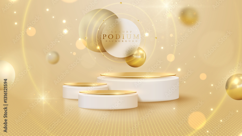 Sticker empty luxury golden podium on cream background with ball elements with motion blur effect with glowi