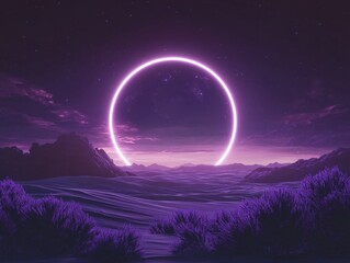Ethereal purple landscape with a radiant glowing circle evoking a sense of wonder and otherworldly beauty in a dreamlike scene