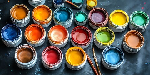 Colorful paint pots, art supplies