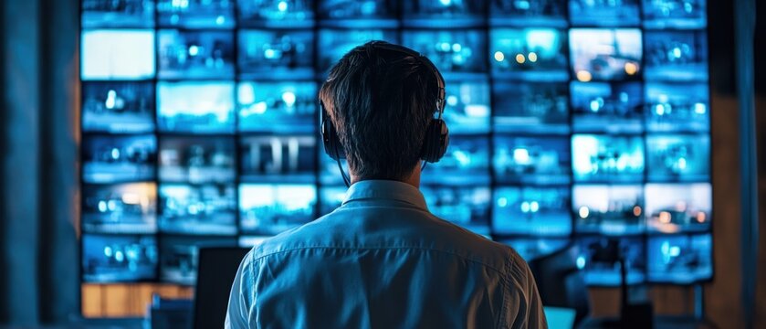 Security monitoring action in control room digital screens surveillance indoor overhead viewpoint