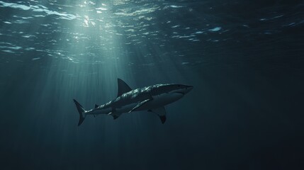 Fototapeta premium Majestic Shark Gliding Through Serene Ocean Waters Under Sunlight