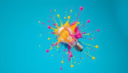 Light bulb explosion, colorful paint splatter, vibrant pink and yellow, cyan background, high-speed photography, creative concept, energy burst, innovation, idea visualization