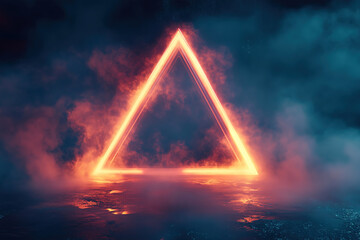 A glowing neon triangle, pulsating with electric light, floating in a vast, dark void. Thick mist swirls around the edges, illuminated by the neon glow