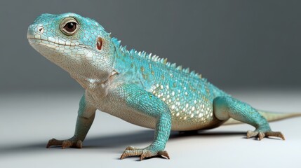 Obraz premium A vibrant turquoise lizard poses confidently against a minimalist backdrop, highlighting its striking scales and alert posture.