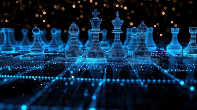 Digital chess battle virtual arena 3d graphic futuristic environment close-up view strategy concept