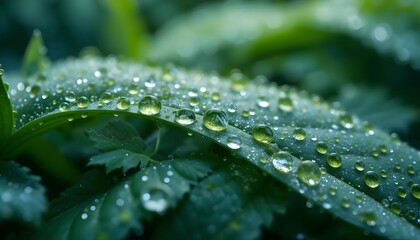 "Fresh Green Leaves Covered in Dew Drops, Sparkling Under Soft Morning Light for a Refreshing View"