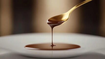 Luxurious Melted Chocolate Dripping from a Golden Spoon Close-Up