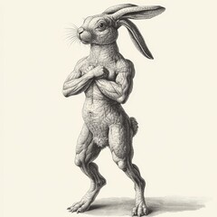 Fototapeta premium A black and white woodcut style sketch of a joyful dancing Easter bunny, created with generative AI, resembles an engraved scratch board raster image
