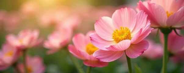 Soft petals of flowers in pastel pink and yellow hues, garden, blossom