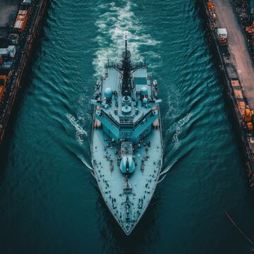 Aerial view of a grey warship navigating a narrow channel, leaving a wake in the dark blue water. The ship is centrally positioned, with parallel structures visible on either side.