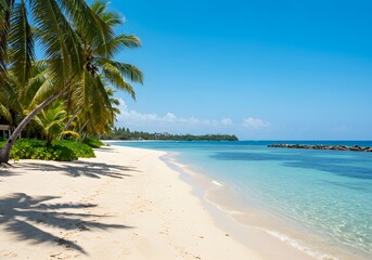 Obraz premium Tropical Beach Scene with Palm Trees, White Sand, and Clear Ocean Water