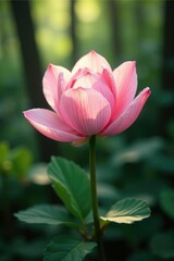 Soft petals unfurl in hues of blush pink amidst forest foliage, botanical, flora