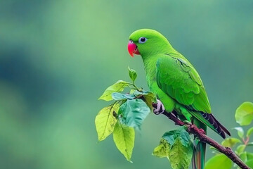 Indian Parakeet Feeding on Leaves in a Forest
