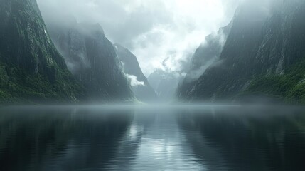Misty fjord landscape with calm water reflecting mountains.