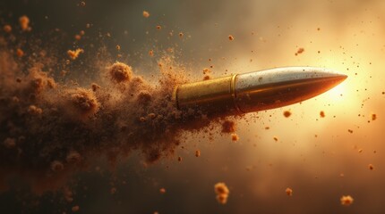 Naklejka premium Dynamic Representation of a Bullet in Motion with Explosive Background and Dust Particles