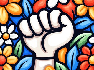 Colorful illustration of a raised fist surrounded by vibrant flowers and leaves