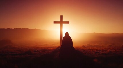 Good friday blessings, Silhouette of person praying at sunset, serene atmosphere, dramatic cross backdrop, spirituality theme, contemplative moment.