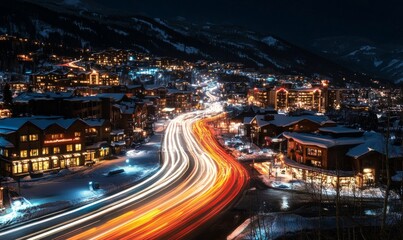 Vehicle lights on the streets of a city at night. Long exposure shot. Generative AI