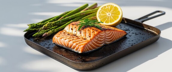 Grilled salmon fillet with asparagus and lemon on a griddle.