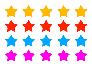 Five stars of different colors: pink, orange, blue, red on a transparent background, png file, rate