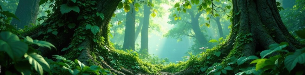 Vines entwined around tree trunks in dense foliage, Monstera, Nature, Jungle